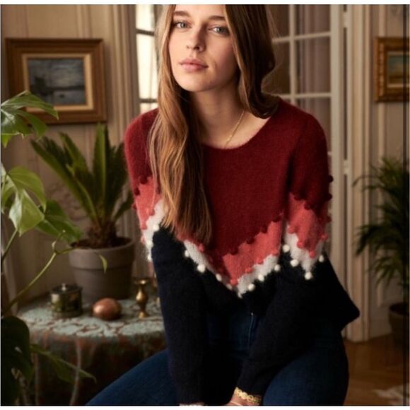 Sézane Paris Multi-Color Chevron Pom-Pom Mohair Wool Sweater Women’s Size Small - Picture 9 of 10
